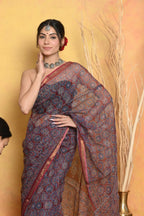 Very Much Indian Pure Kota Cotton Handblock Printed Saree - Grey | Grocsy