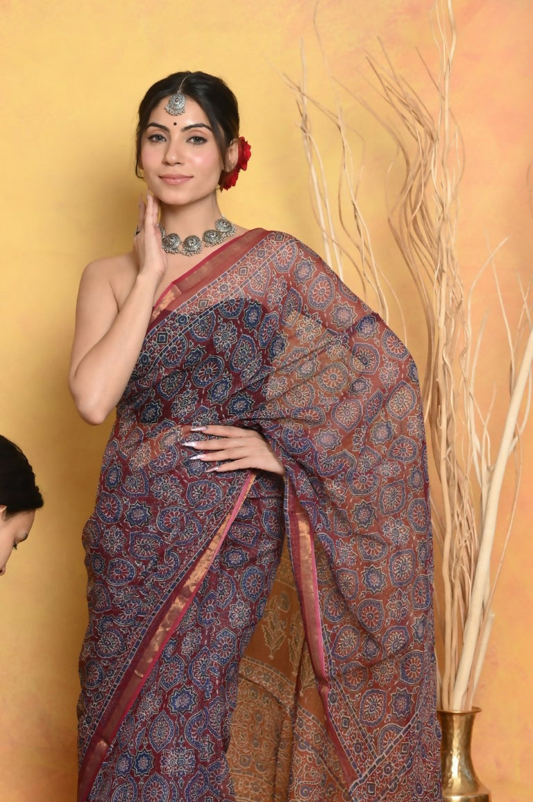 Very Much Indian Pure Kota Cotton Handblock Printed Saree - Grey | Grocsy