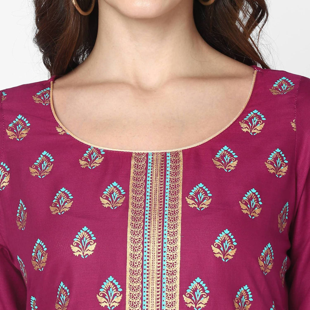 Cheera Hand Block Print Purple Straight Kurta (MAAI-049K) | Grocsy