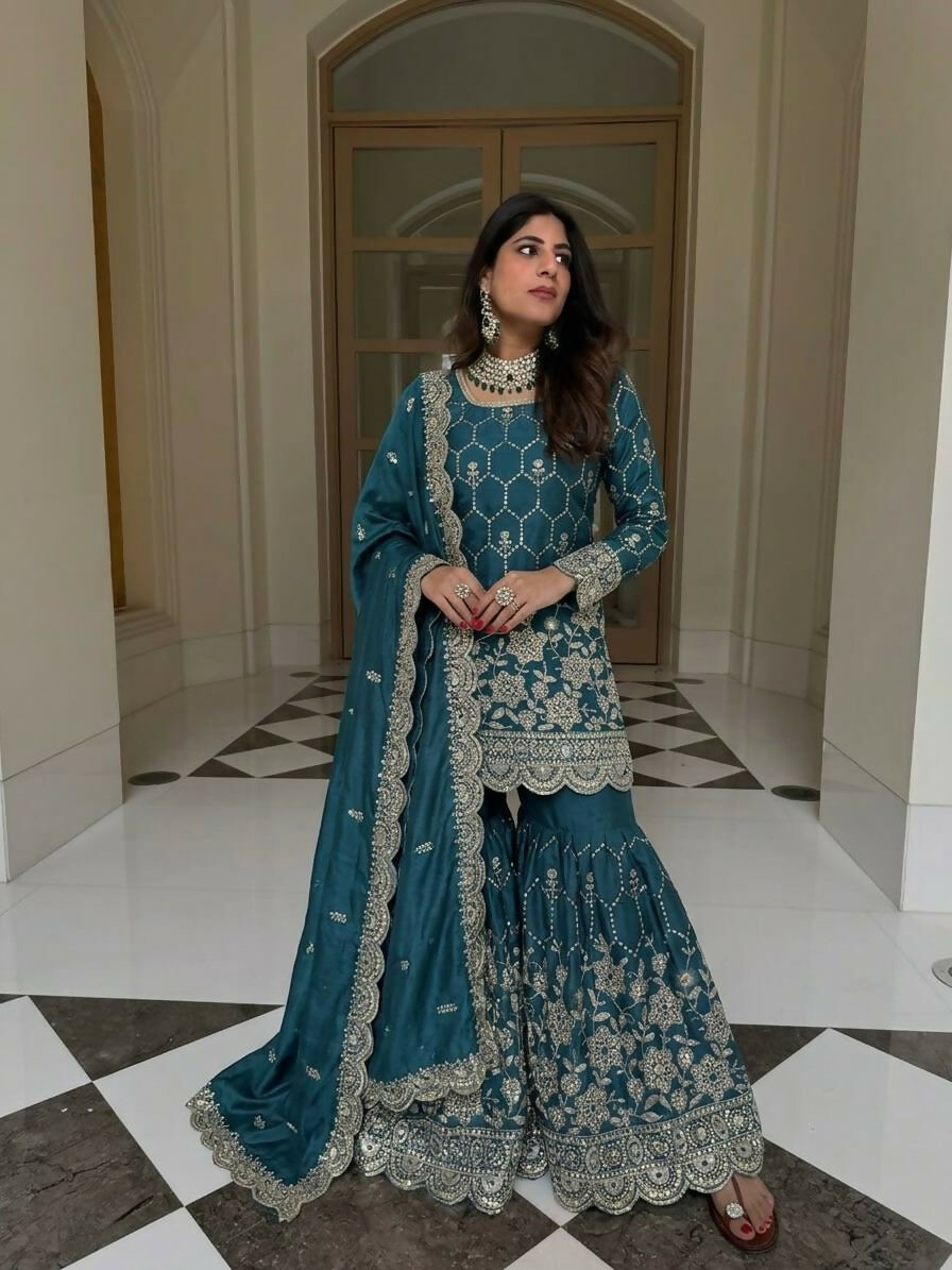 Teeya Creation New Trendy Latest Designer Embroidery Sharara Kurta Set -Teal | Grocsy