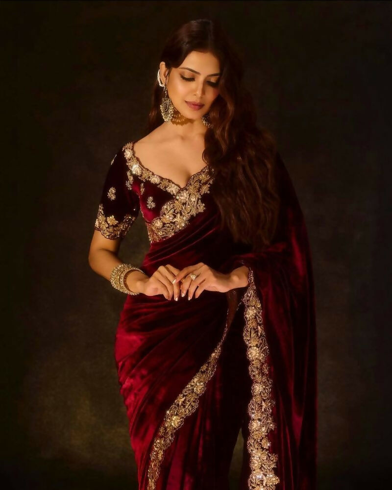 Joban Fashion Maroon 9000 Velvet Party Wear Sarees | Grocsy