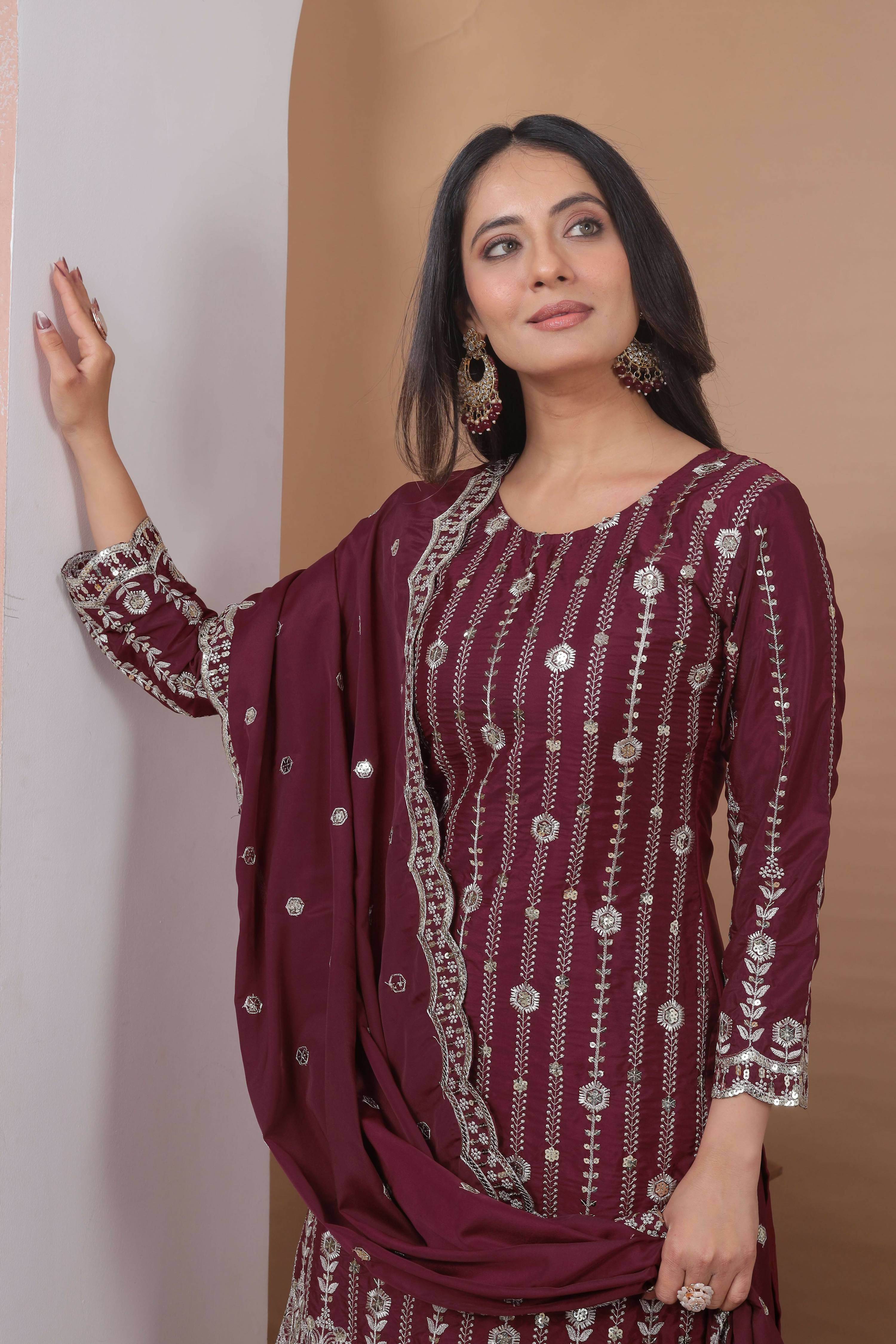 The52 Women's Gorgeous Embroidery Work Natural Crepe Fabric Straight Kurta Sharara and Dupatta Set-Maroon | Grocsy