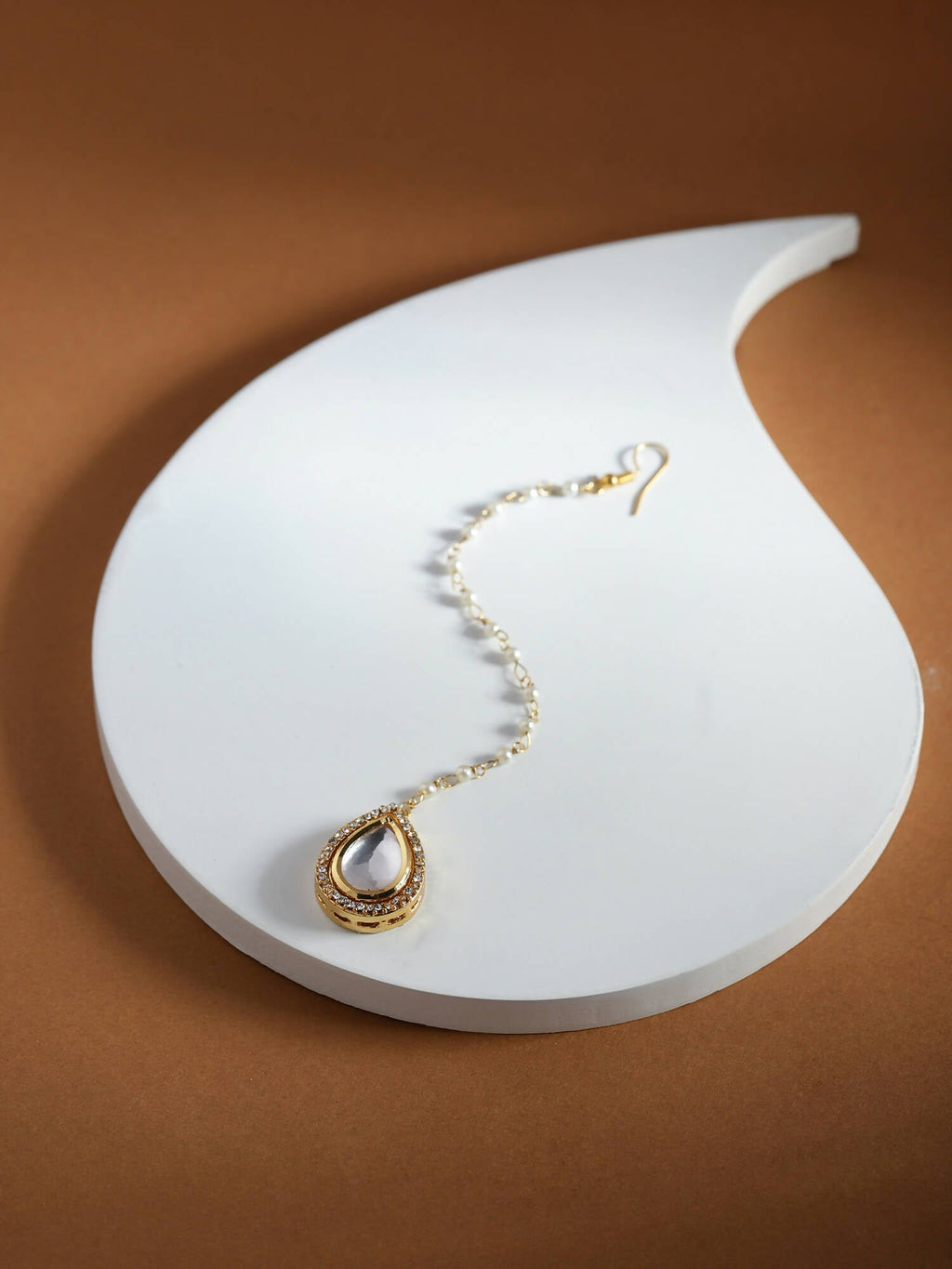 Gold-Polished White Kundan-Studded Pearl Beaded Maang Tikka - Ruby Raang | Grocsy