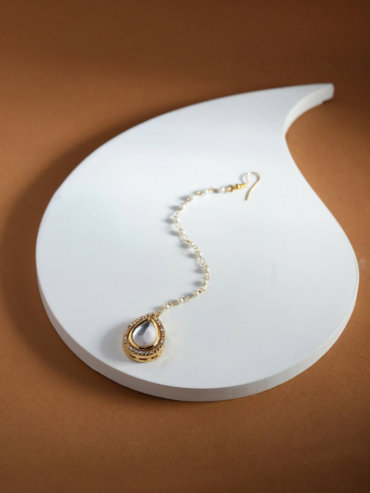 Gold-Polished White Kundan-Studded Pearl Beaded Maang Tikka - Ruby Raang | Grocsy