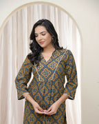 Vaasva Blue Ajrakh Cotton Printed Gathered Kurti With Pant | Grocsy