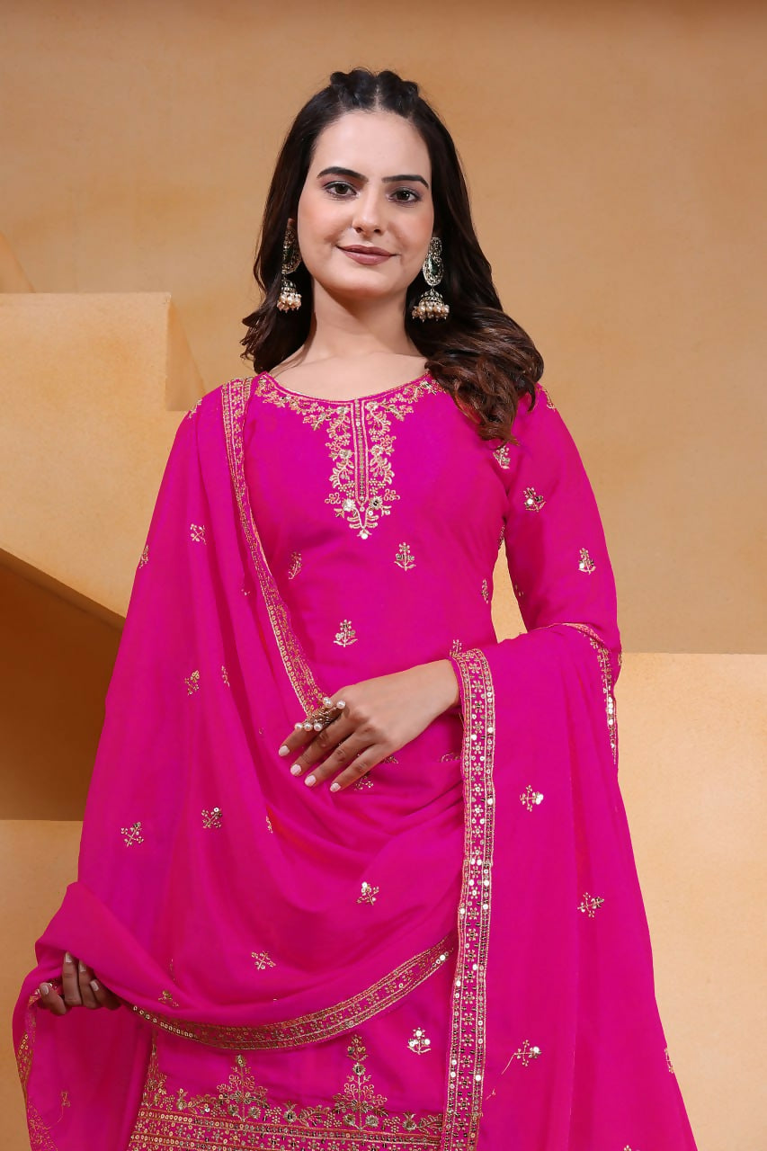 Teeya Creation Pink Color Chinon Silk Wedding Wear Trending Palazzo Set | Grocsy