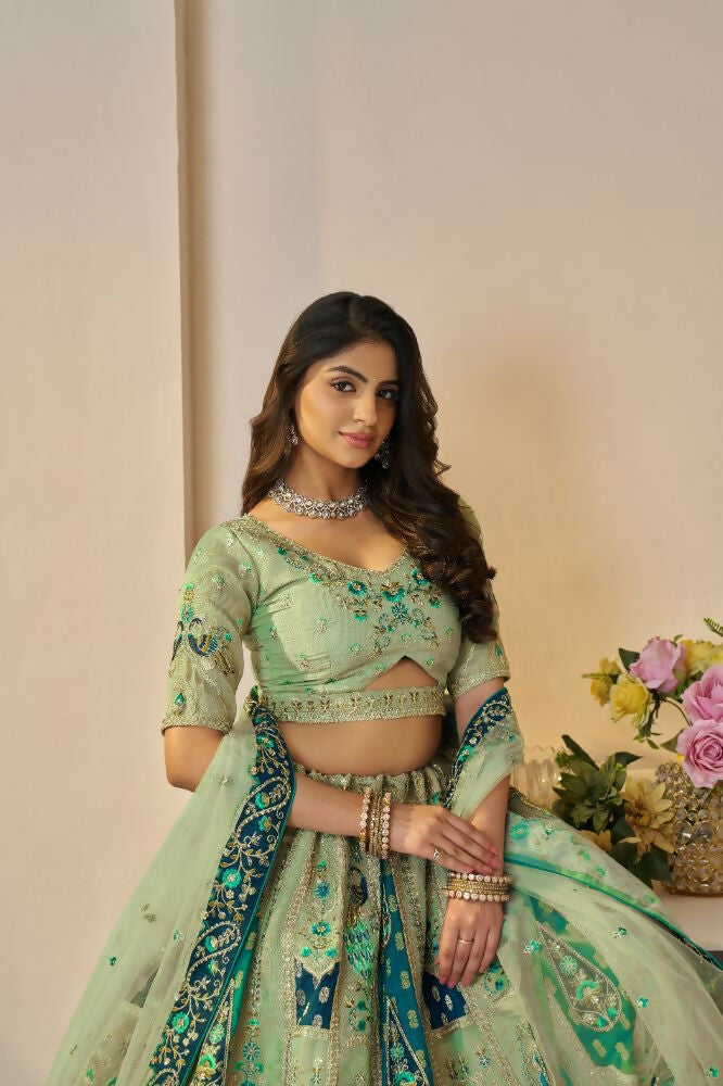 Kesar Fab Green Banarasi Silk Embroidered Lehenga | Grocsy