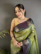 Joban Fashion Olive Green Intricate Zari Weaving Soft Silk Dharmavaram Saree | Grocsy