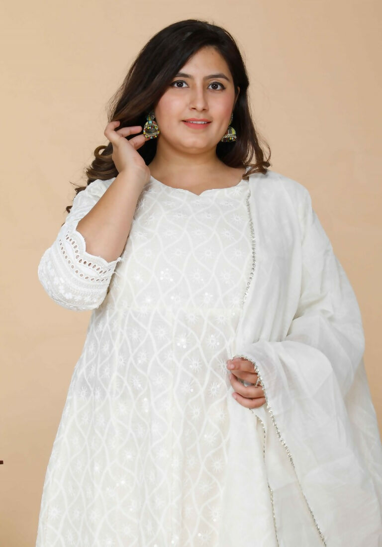 Miravan Women's Plus Size Beige Chikankari Thread Work Anarkali Kurta With Dupatta | Grocsy