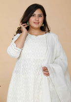 Miravan Women's Plus Size Beige Chikankari Thread Work Anarkali Kurta With Dupatta | Grocsy