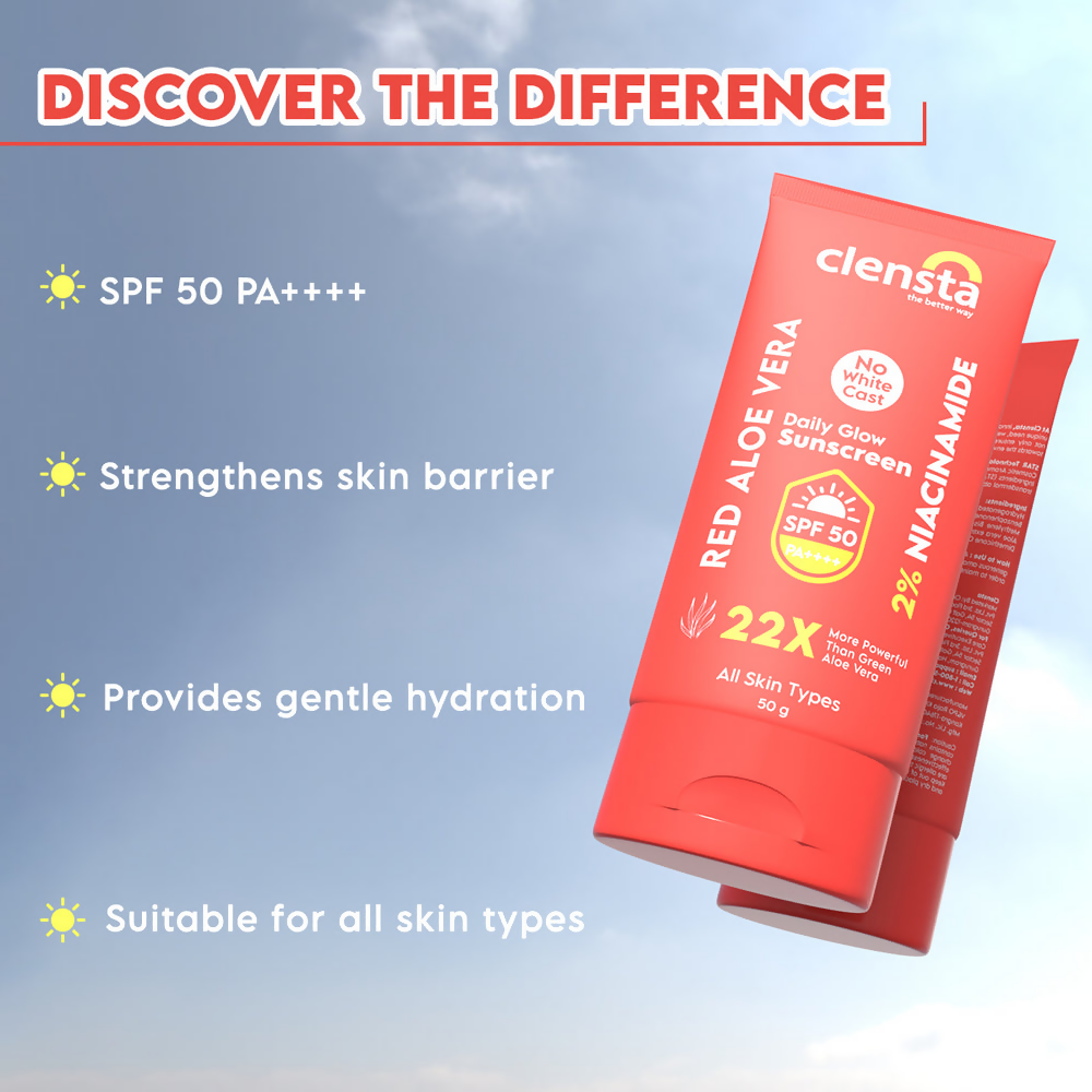 Clensta Red Aloe Vera Daily Glow Sunscreen SPF 50 | Grocsy