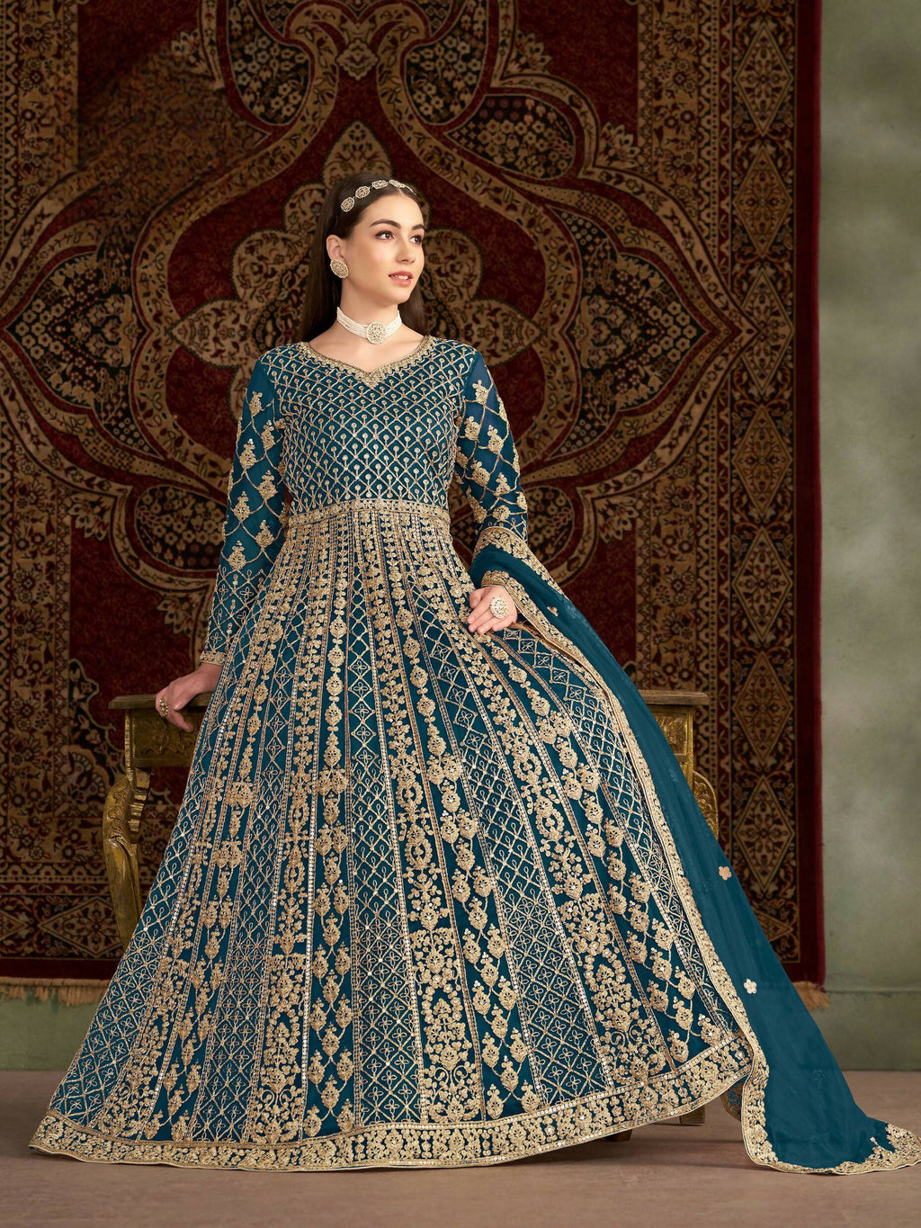 Anaita Teal Embroidered Net Anarkali Suit | Grocsy