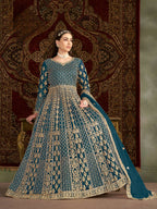Anaita Teal Embroidered Net Anarkali Suit | Grocsy
