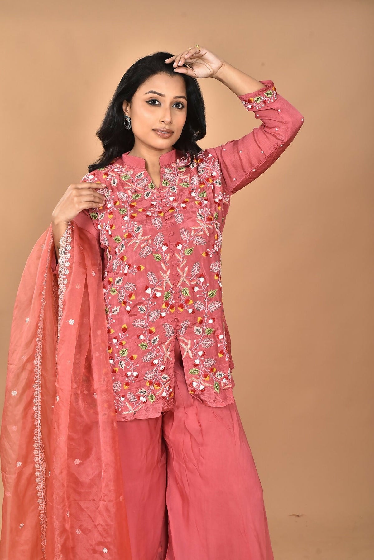 Morchari Women And Hand Embroidery Palazzo Set-Rust | Grocsy
