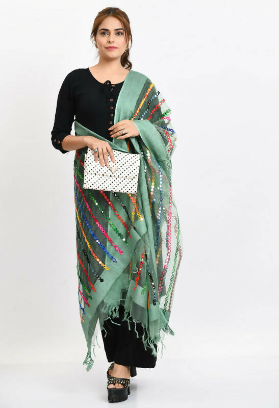 Mominos Fashion Moeza Women's Orgenza Multi Thread Mirror Work Pista Green Dupatta | Grocsy