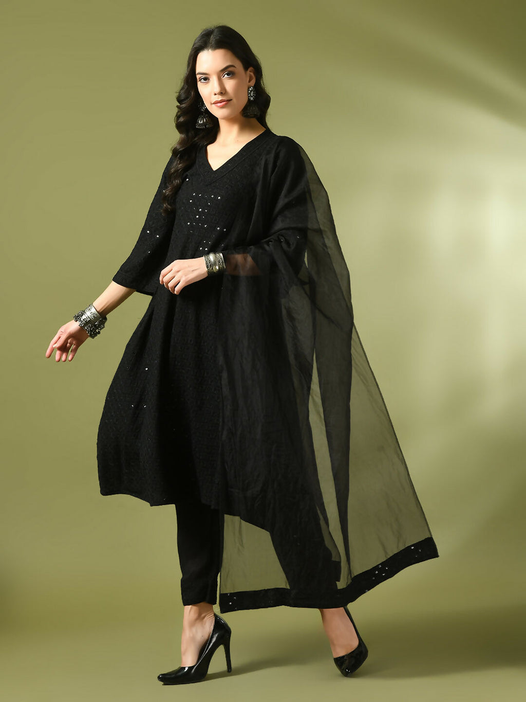 Myshka Women's Black Embroidered Cotton A-Line Party Kurta Set With Dupatta | Grocsy