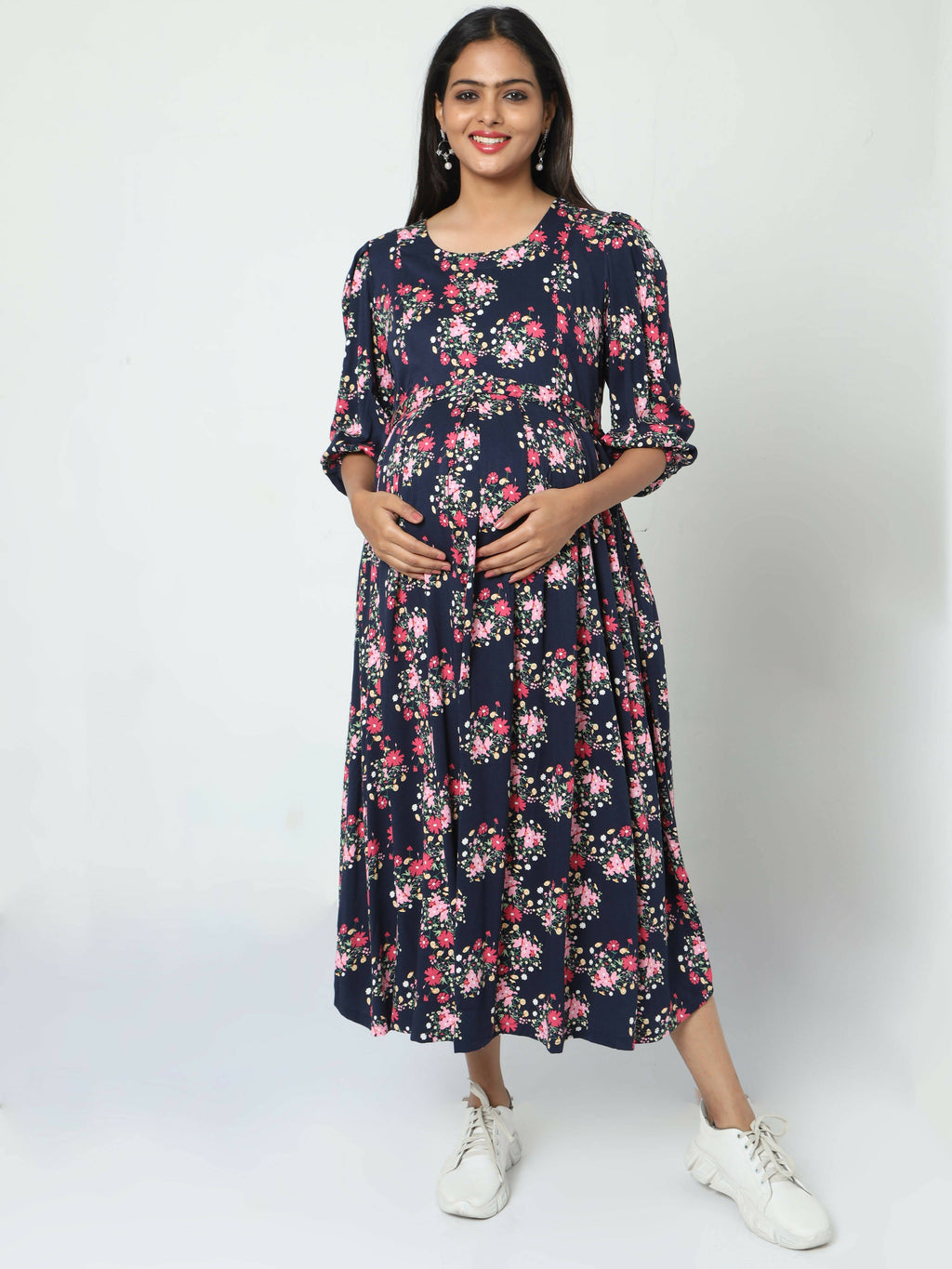 Manet Three Fourth Maternity Dress Floral Print With Concealed Zipper Nursing Access - Navy Blue | Grocsy
