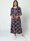 Manet Three Fourth Maternity Dress Floral Print With Concealed Zipper Nursing Access - Navy Blue | Grocsy