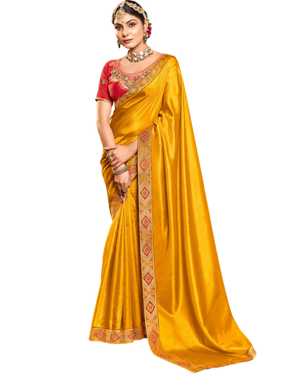 Mustard Solid Vichitra Saree With Unstitched Blouse Piece - Selena | Grocsy