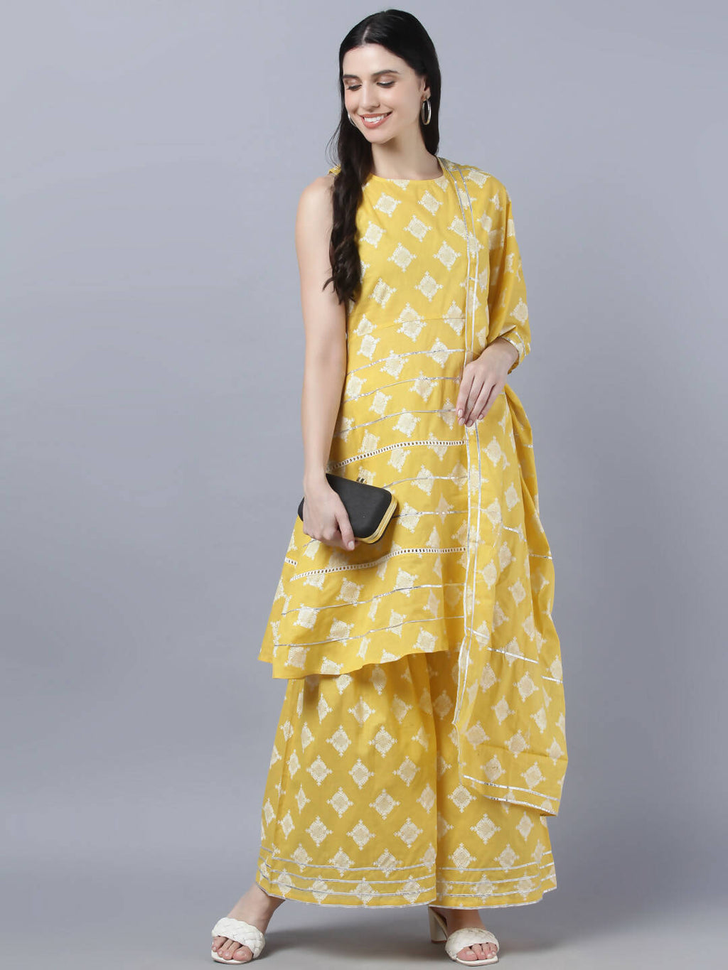 Myshka Women Yellow Floral Pure Cotton Kurti with Palazzos With Dupatta | Grocsy