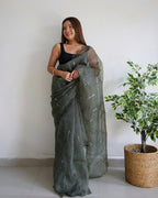 Vamsee Vika 9Mm Grey Organza Saree | Grocsy