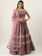 House of Panchhi Lavender - Net Embroidered Lehenga with Zig-Zag Pattern | Grocsy