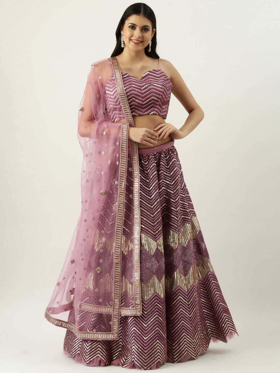 House of Panchhi Lavender - Net Embroidered Lehenga with Zig-Zag Pattern | Grocsy