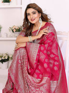 Aastha Fashion Magenta Georgette Silk Leheriya With Elegant Zari Weaving Saree | Grocsy
