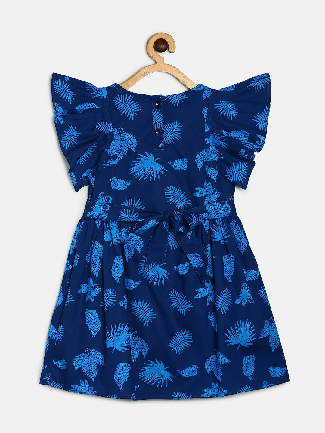 Manet Cotton Frill Bow Frock Leaf Printed - Blue | Grocsy