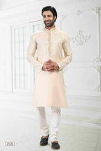 Raivat Ethnic Linen Cotton Thread Work Kurta Pajama In Beige Colour | Grocsy