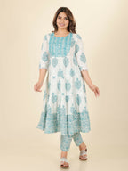 Aramya White Soft Cotton Block Print Anarkali Kurta Set for Women | Grocsy