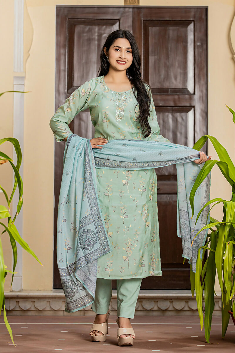 Kaajh Women's Sky Blue Printed Modal Silk Suit Set | Grocsy
