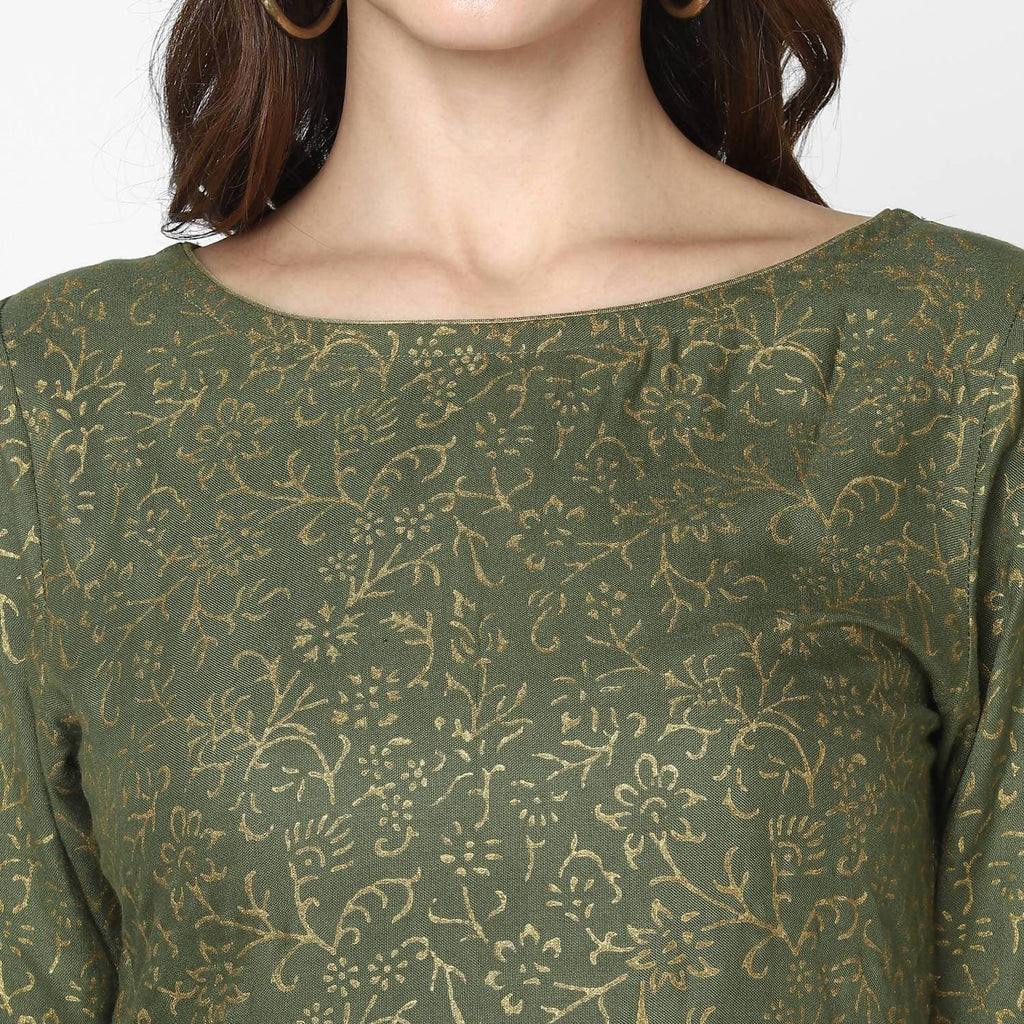 Cheera Hand Block Print Olive Green Straight Kurta (MAAI-057K) | Grocsy