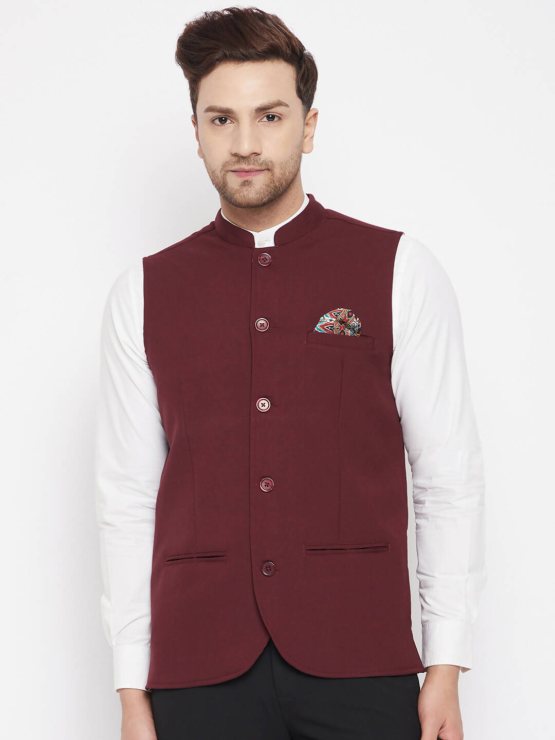 Even Apparels Maroon Merino Men's Nehru Jacket-Contrast Lining-Inbuilt Pocket Square | Grocsy