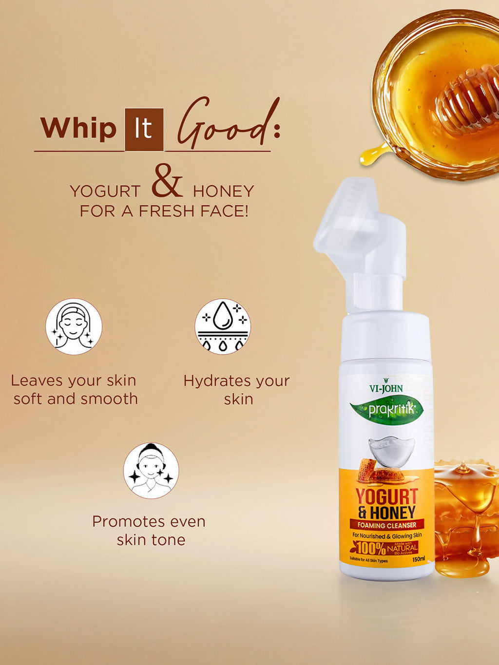 VI-JOHN Prakritik Yogurt & Honey geling Face wash Restores glow, Made With 100% Natural Bio Actives | Grocsy
