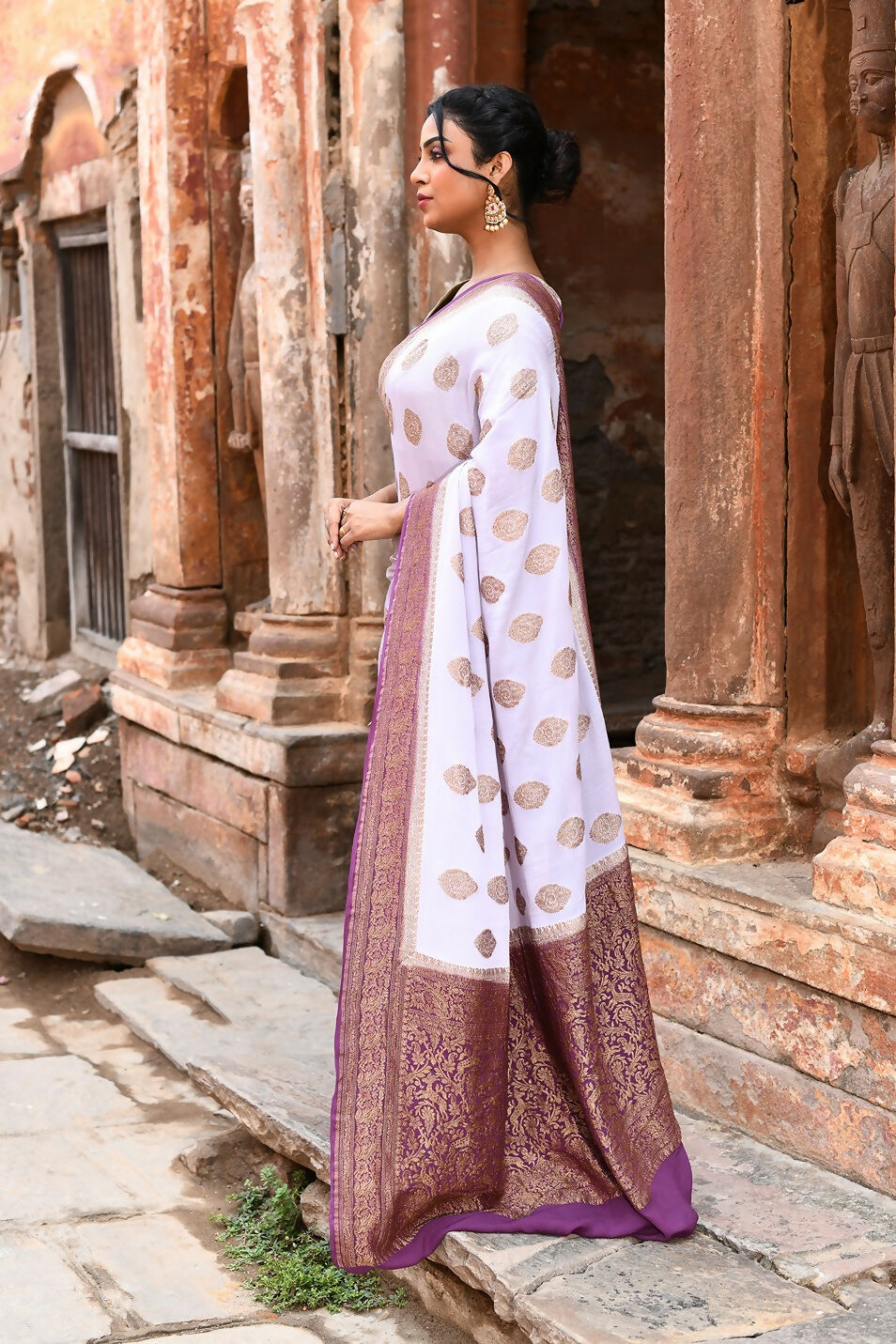 Joban Fashion Light Purple Crepe Chiffon Pure Handloom Banarasi Silk Saree | Grocsy
