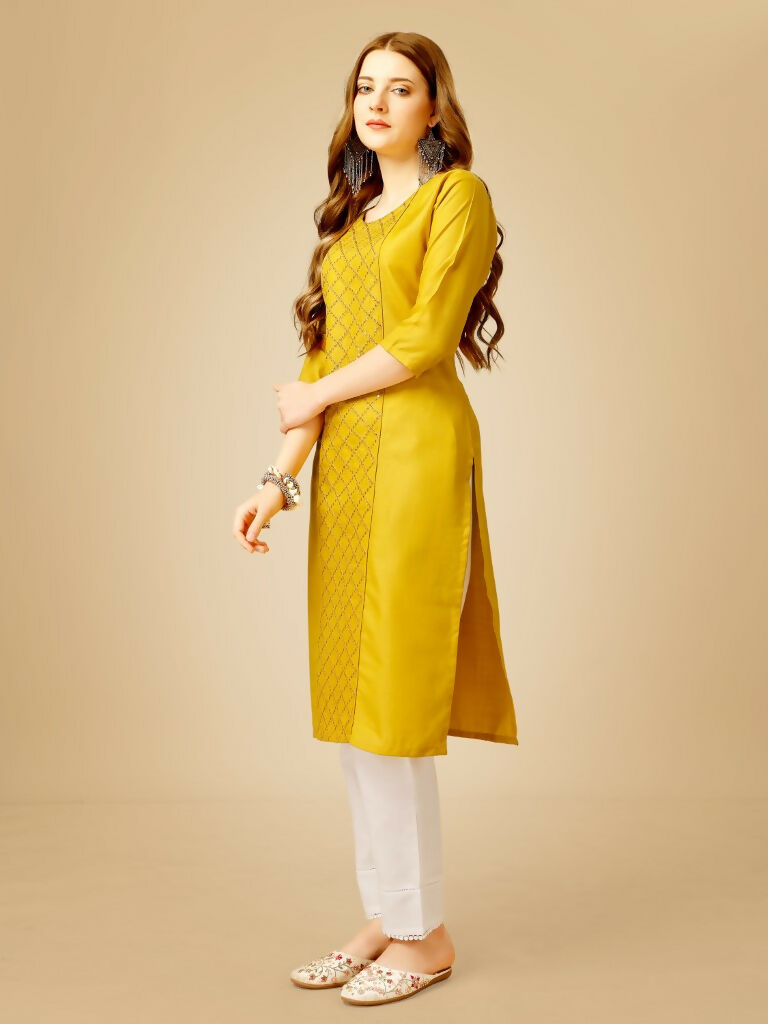 Jyoti Fashion Women's Yellow Cotton Blend Embroidered Kurta Pant Set | Grocsy
