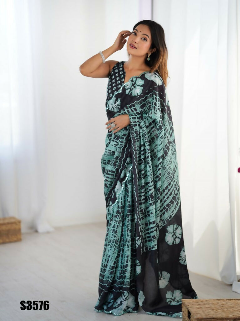 Black Chinon Designer Digital Printed,Mirror Cut Work Saree - Sohni | Grocsy