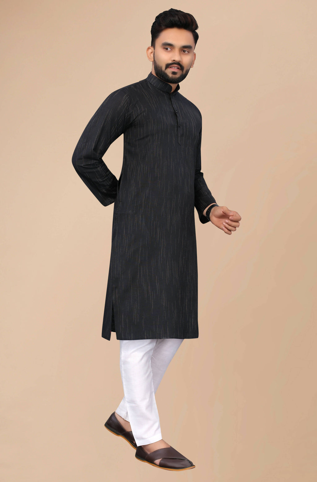 Indian Clothing Men's Black Striped Cotton Kurta - Mahotsav | Grocsy