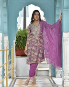 Vaasva Women's Purple Tissue Embroidered Suit Set With Solid Pant And Embroidered Dupatta | Grocsy