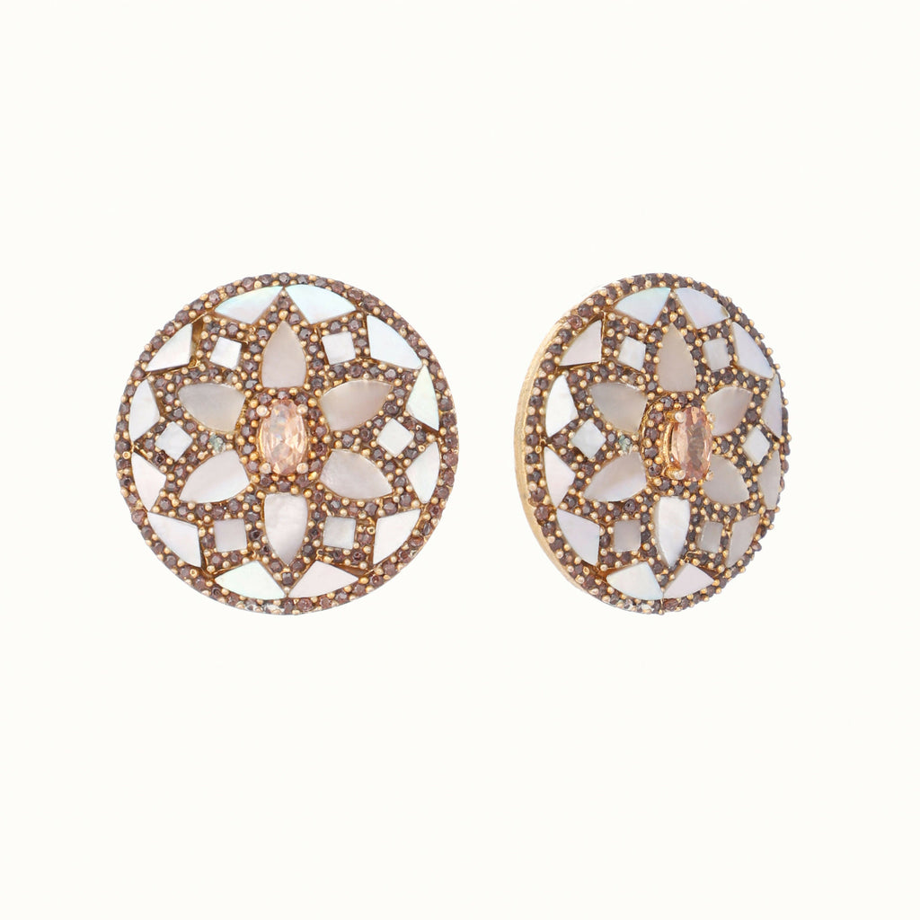 Nuyug 22K Gold Plated Mother of Pearls and Stone Studded Contemporary Floral Shaped Studs | Grocsy