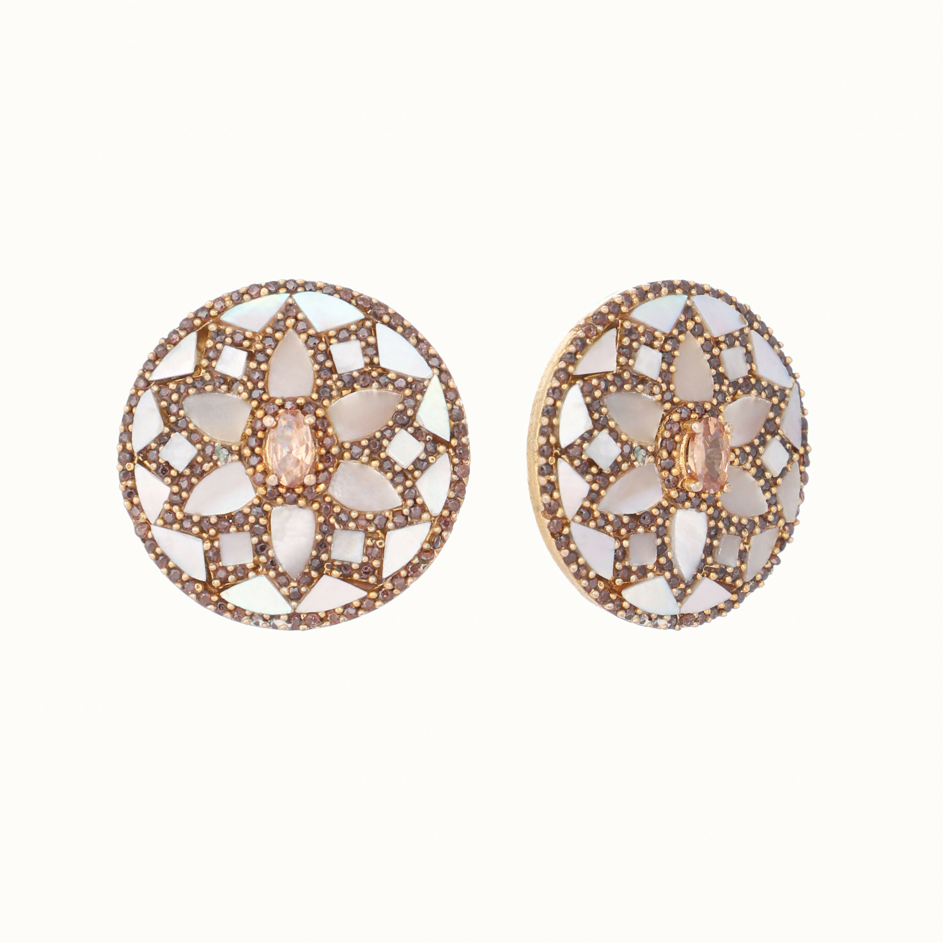 Nuyug 22K Gold Plated Mother of Pearls and Stone Studded Contemporary Floral Shaped Studs | Grocsy