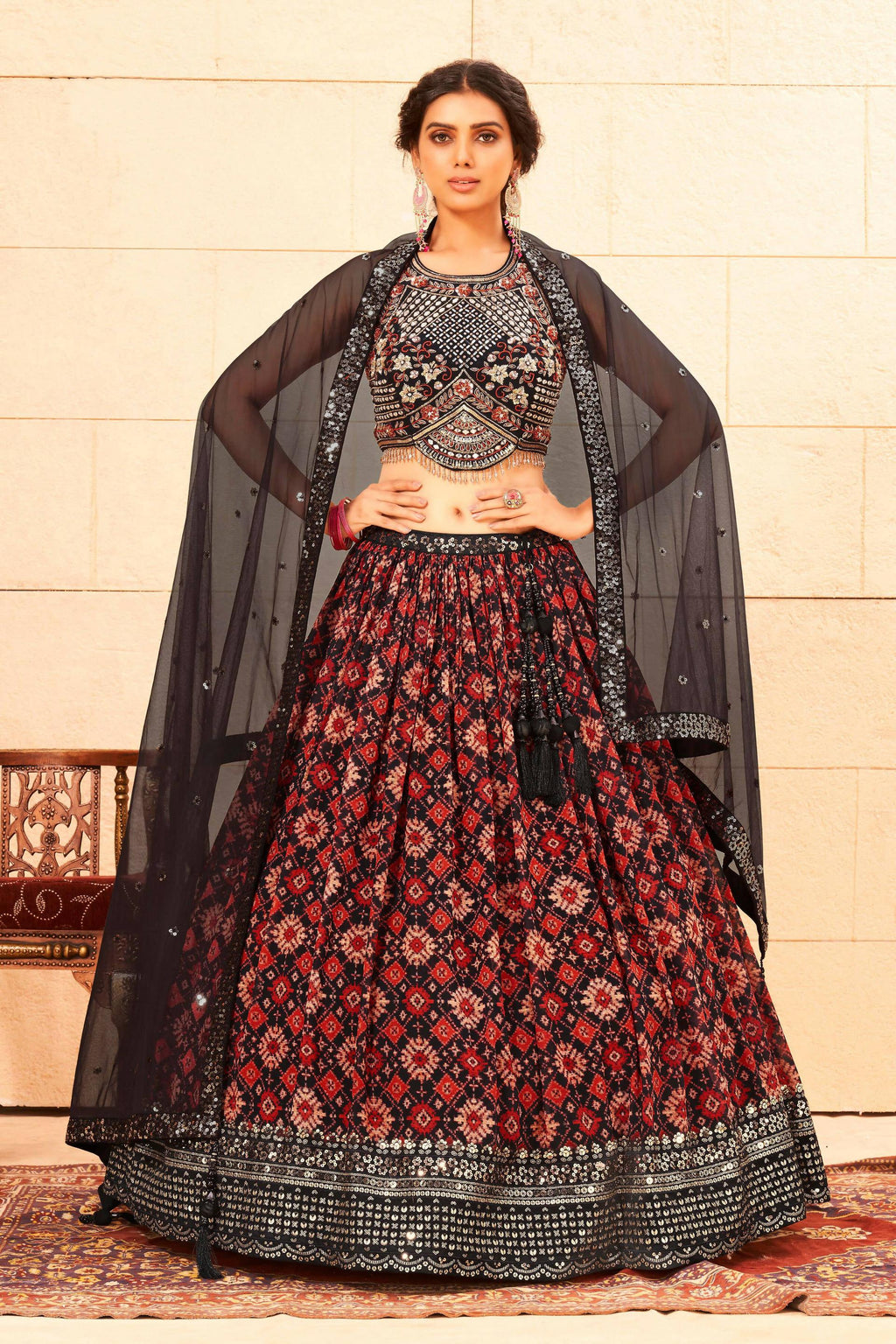 Maroon Faux Georgette Sequence work Lehenga Choli with Dupatta - Dhvani | Grocsy