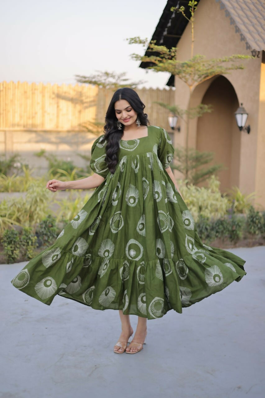 Teeya Creation Womens New Trendy Summer War Printed Cotton Gown Set-Green | Grocsy