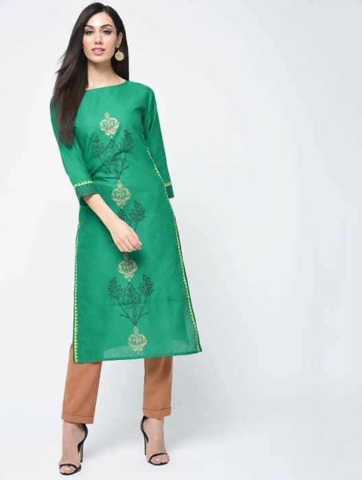 Aniyah Cotton Block Printed Turquoise Color Straight Kurta (AN-130K) | Grocsy