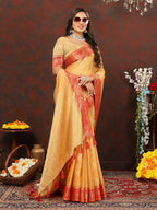 Lorenvalley Fashion Gold Cotton Woven Design with Zari Weaving Design Saree | Grocsy