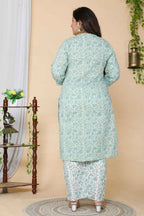Miravan Women's Plus Size Green Floral Printed Cotton Kurta With Palazzo Set | Grocsy