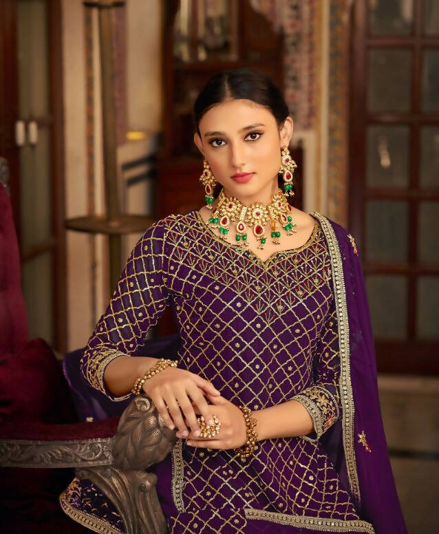 Purple Heavy Chinon Semi Stitched Kurta with Bottom & Dupatta - Dhvani | Grocsy