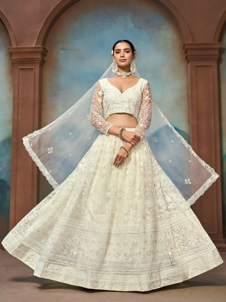 White Net Thread Sequence Embroidery Lehenga Choli - Jihu Culture | Grocsy
