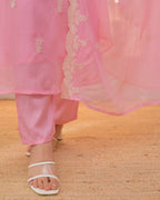 The52 Pink Women's Beautiful Chikankari Work Chanderi Fabric Straight Kurta Pant and Dupatta Set | Grocsy